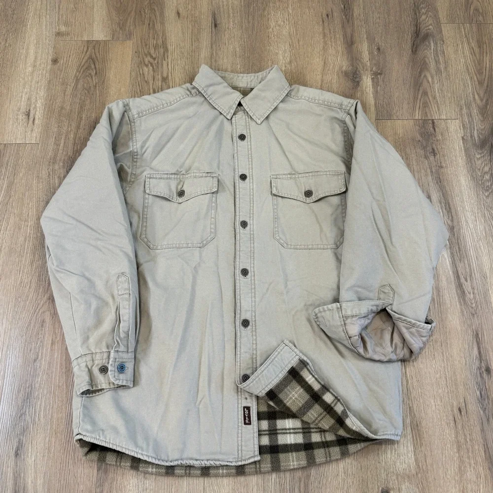 Y2K Levi Strauss Canvas Chore Jacket Shacket Fleece Lined Tan Plaid Size Medium